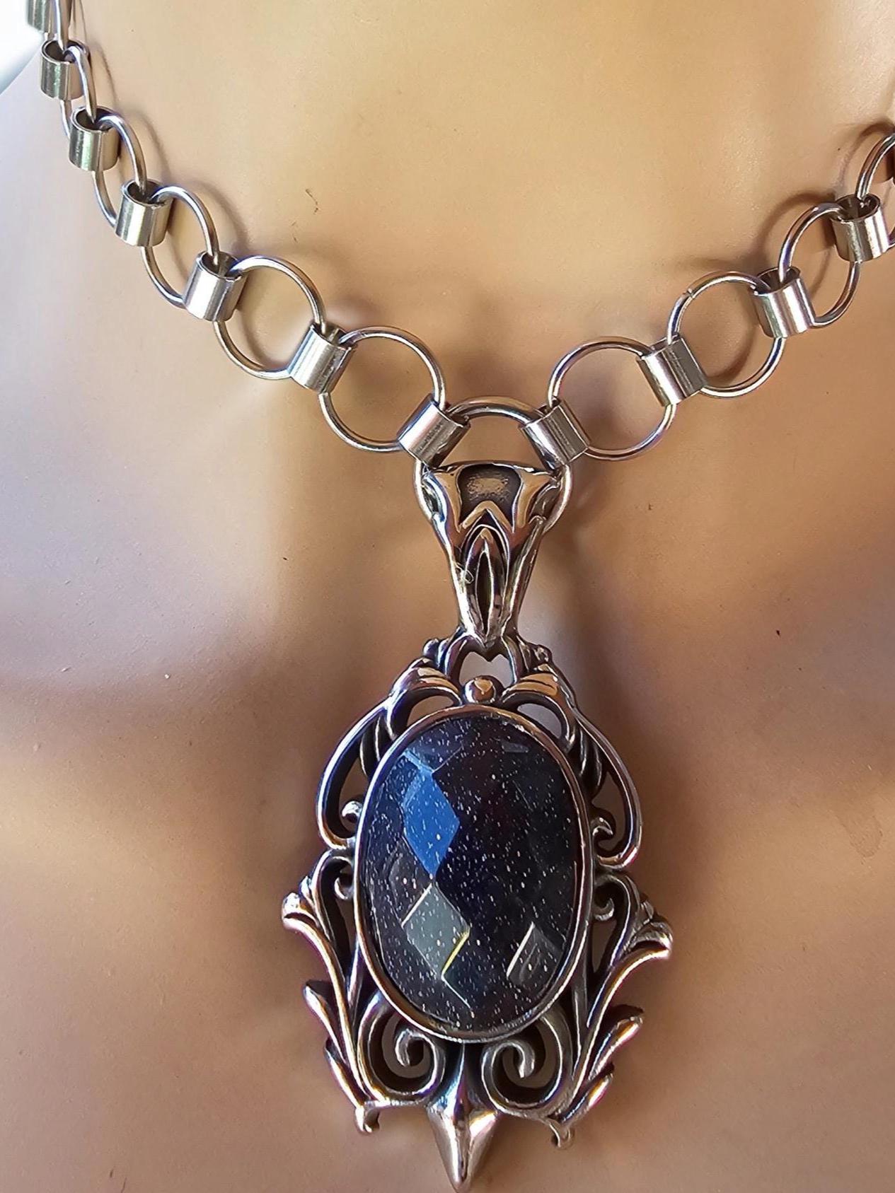 Steel Blue Goldstone Pendant Gothic Chainmail Choker Statement Necklace | punk alt aesthetic handmade jewelry gift for her