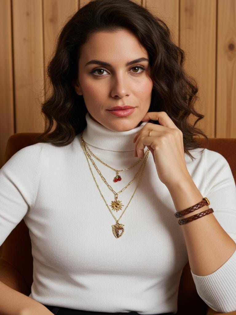 Gold Layered Multi Strand Cherries & Strawberry Sun Pendant Necklace Set