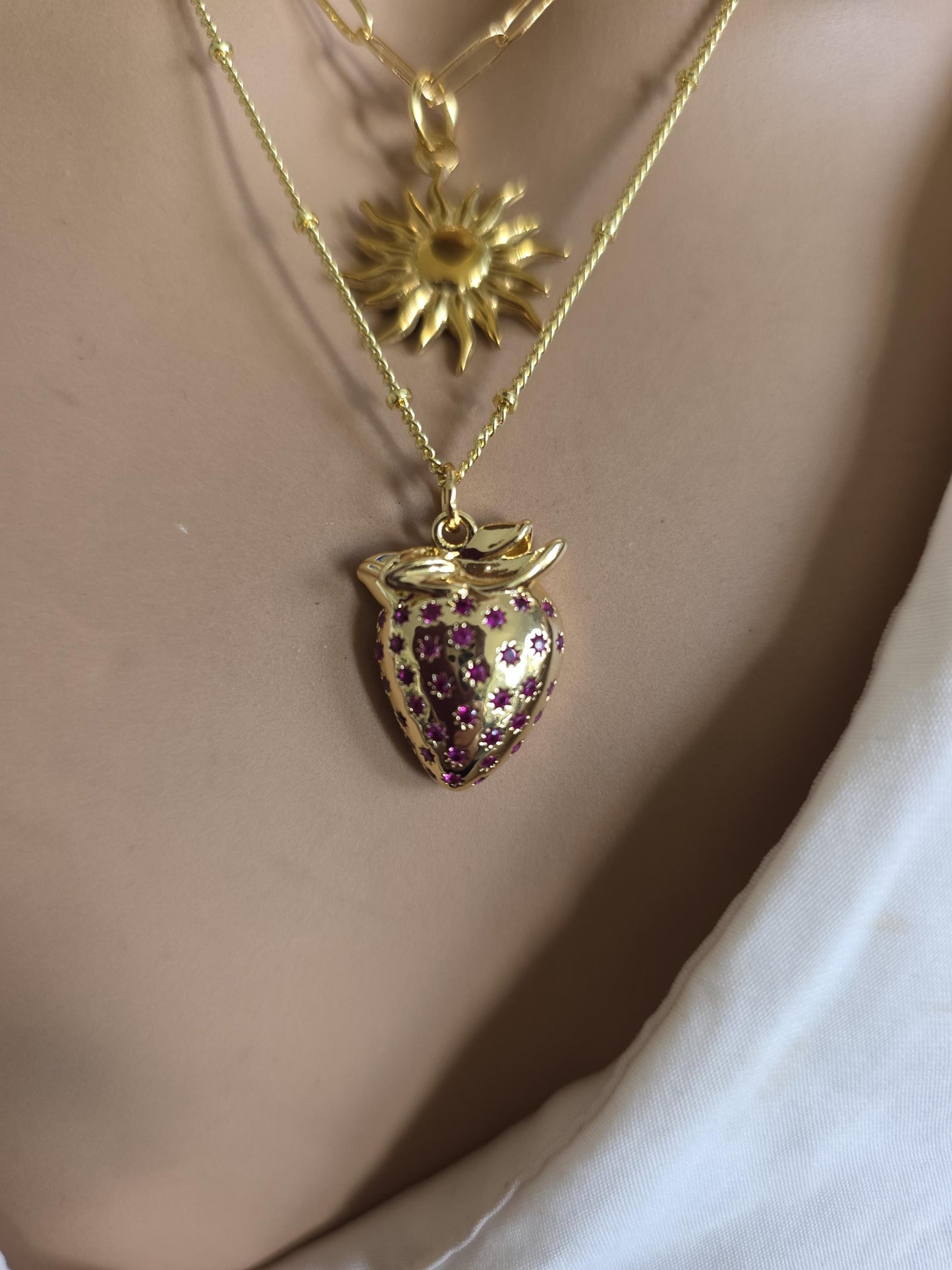 Gold Layered Multi Strand Cherries & Strawberry Sun Pendant Necklace Set