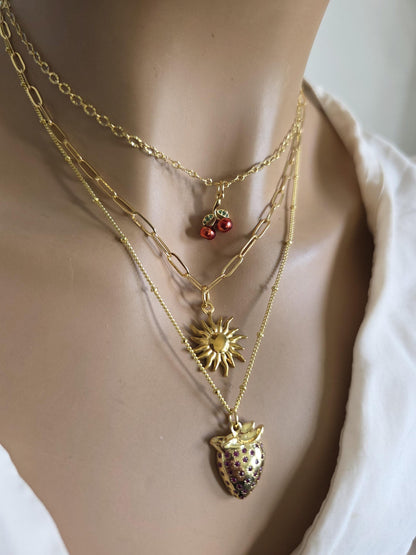 Gold Layered Multi Strand Cherries & Strawberry Sun Pendant Necklace Set