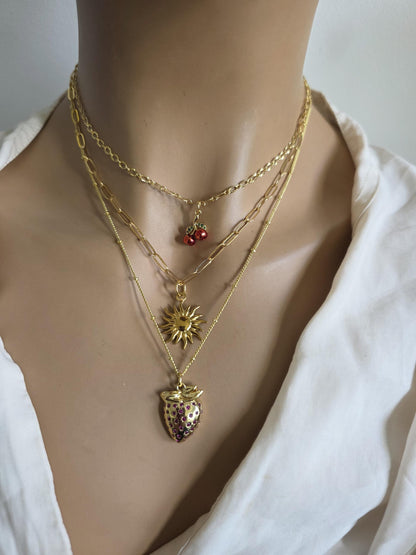 Gold Layered Multi Strand Cherries & Strawberry Sun Pendant Necklace Set