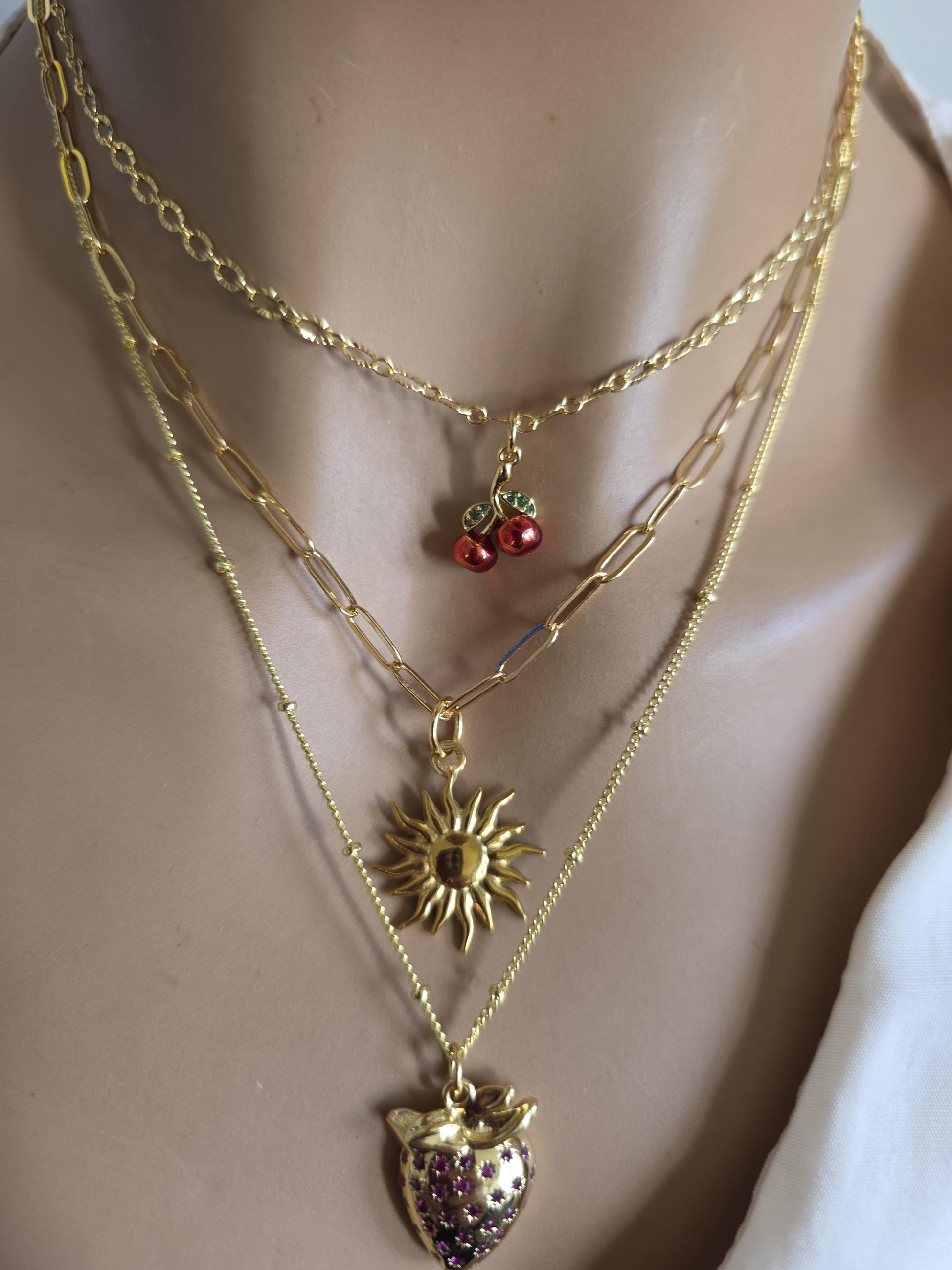 Gold Layered Multi Strand Cherries & Strawberry Sun Pendant Necklace Set