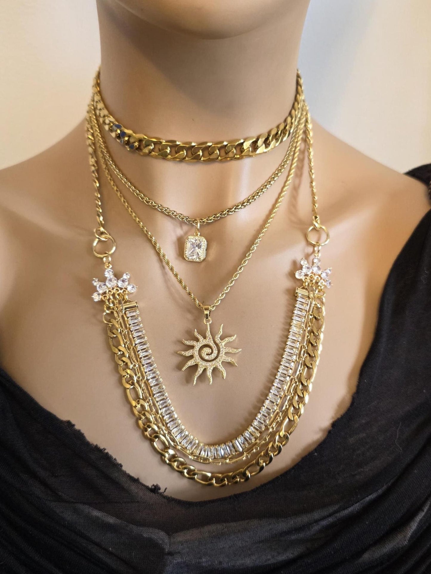 Gold Layered Multi Strand Sun Rhinestone Chunky Chain Choker Necklace Set - Luxury Style Stacked Jewelry