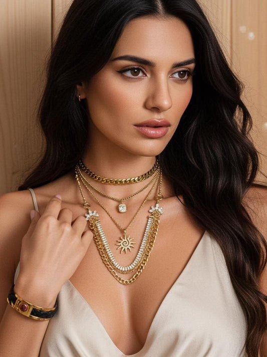 Gold Layered Multi Strand Sun Rhinestone Chunky Chain Choker Necklace Set - Luxury Style Stacked Jewelry