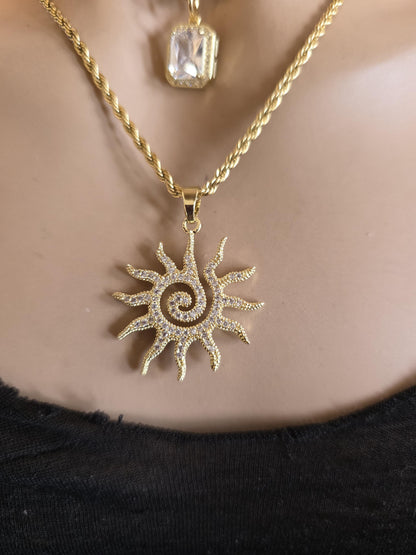 Gold Layered Multi Strand Sun Rhinestone Chunky Chain Choker Necklace Set - Luxury Style Stacked Jewelry