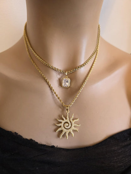 Gold Layered Multi Strand Sun Rhinestone Chunky Chain Choker Necklace Set - Luxury Style Stacked Jewelry