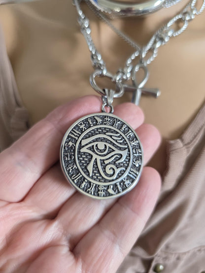 Eye of Horus Medallion Ankh Pendant Layered Necklace Set – Egyptian Protection Amulet Steel Choker