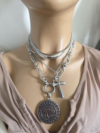Eye of Horus Medallion Ankh Pendant Layered Necklace Set – Egyptian Protection Amulet Steel Choker