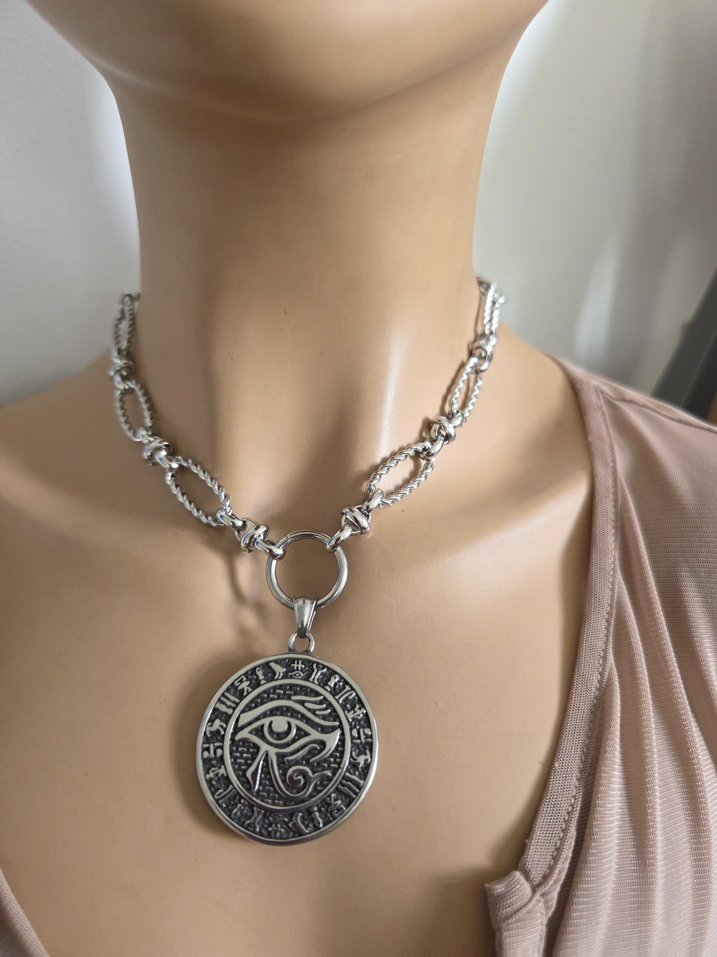 Eye of Horus Medallion Ankh Pendant Layered Necklace Set – Egyptian Protection Amulet Steel Choker