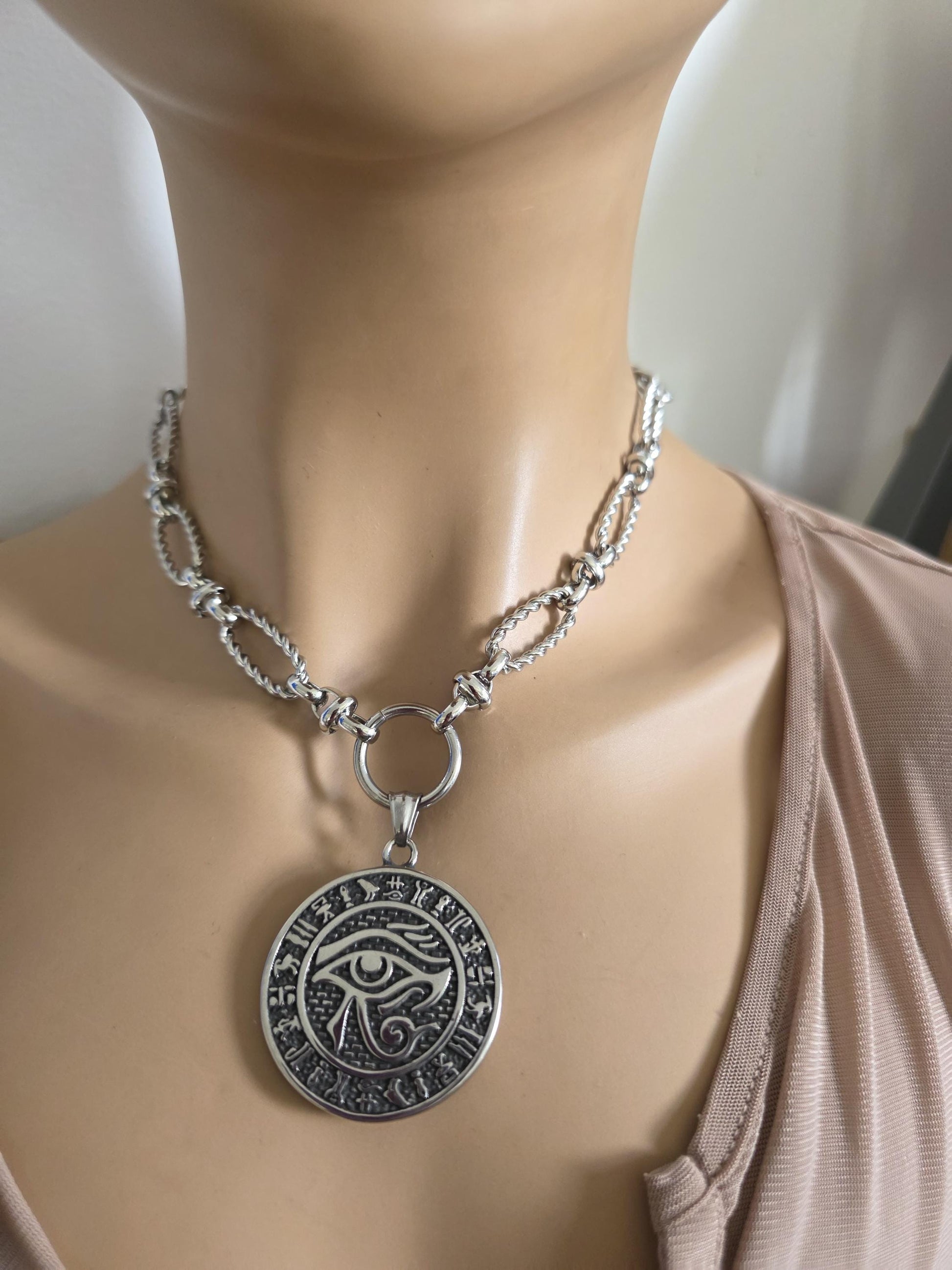 Eye of Horus Medallion Ankh Pendant Layered Necklace Set – Egyptian Protection Amulet Steel Choker