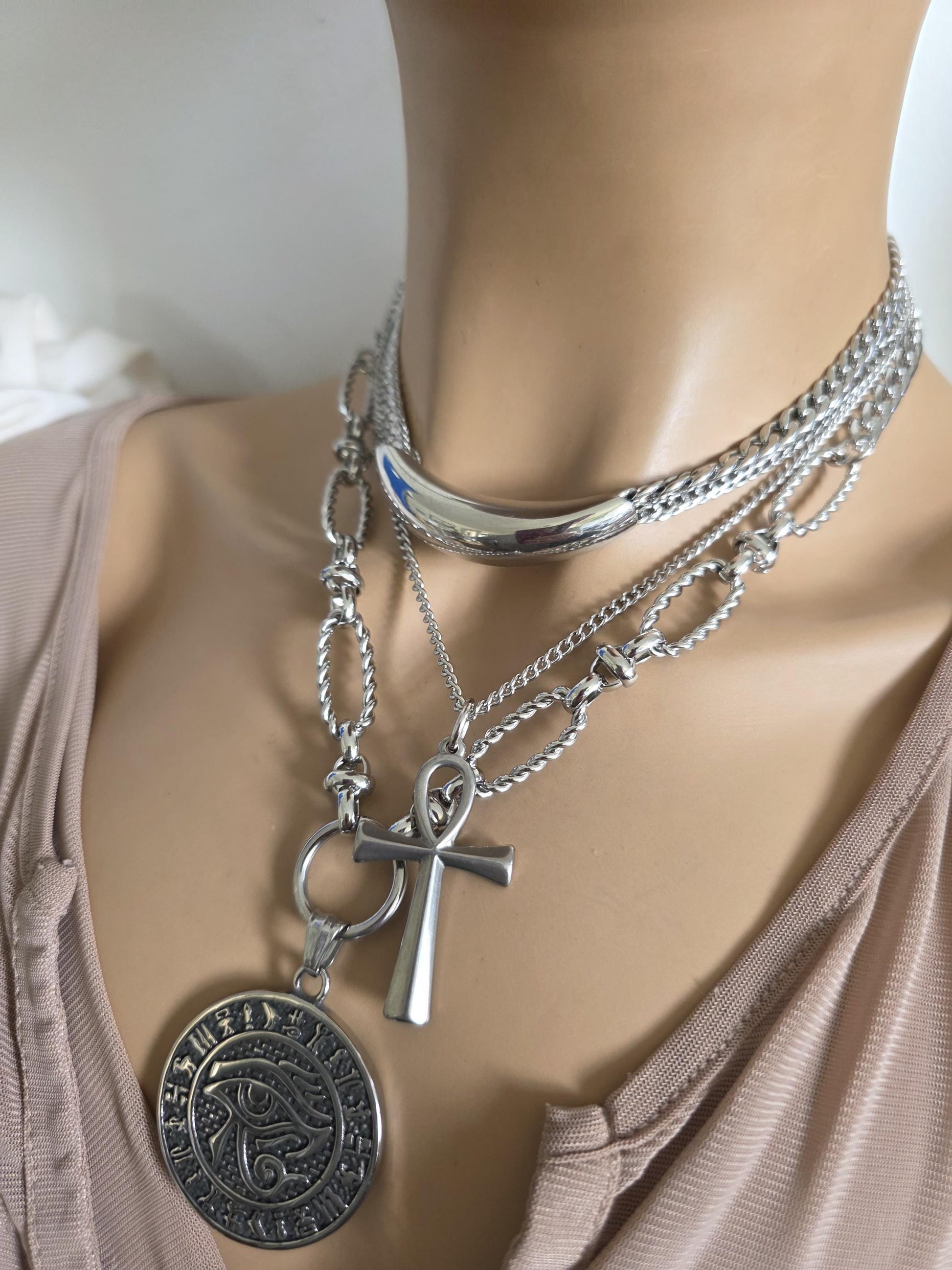 Eye of Horus Medallion Ankh Pendant Layered Necklace Set – Egyptian Protection Amulet Steel Choker