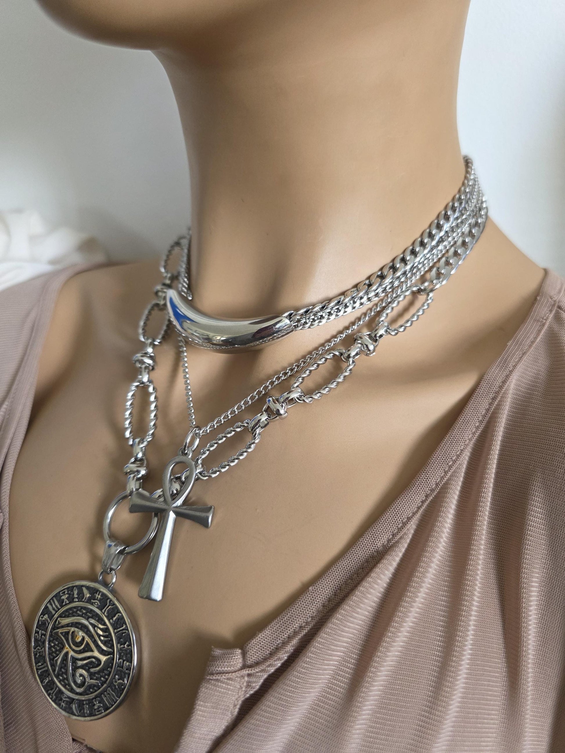 Eye of Horus Medallion Ankh Pendant Layered Necklace Set – Egyptian Protection Amulet Steel Choker
