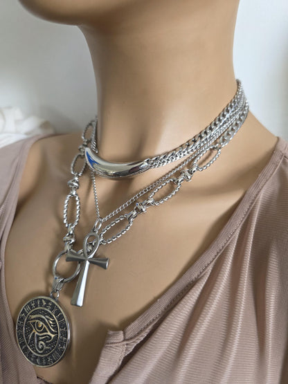 Eye of Horus Medallion Ankh Pendant Layered Necklace Set – Egyptian Protection Amulet Steel Choker