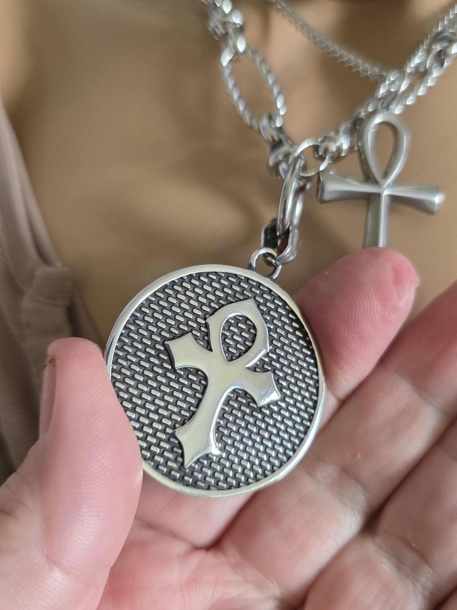 Eye of Horus Medallion Ankh Pendant Layered Necklace Set – Egyptian Protection Amulet Steel Choker