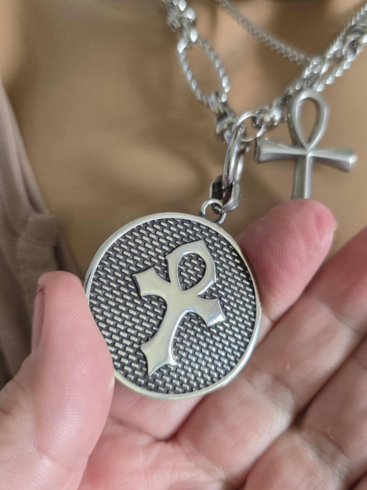 Eye of Horus Medallion Ankh Pendant Layered Necklace Set – Egyptian Protection Amulet Steel Choker