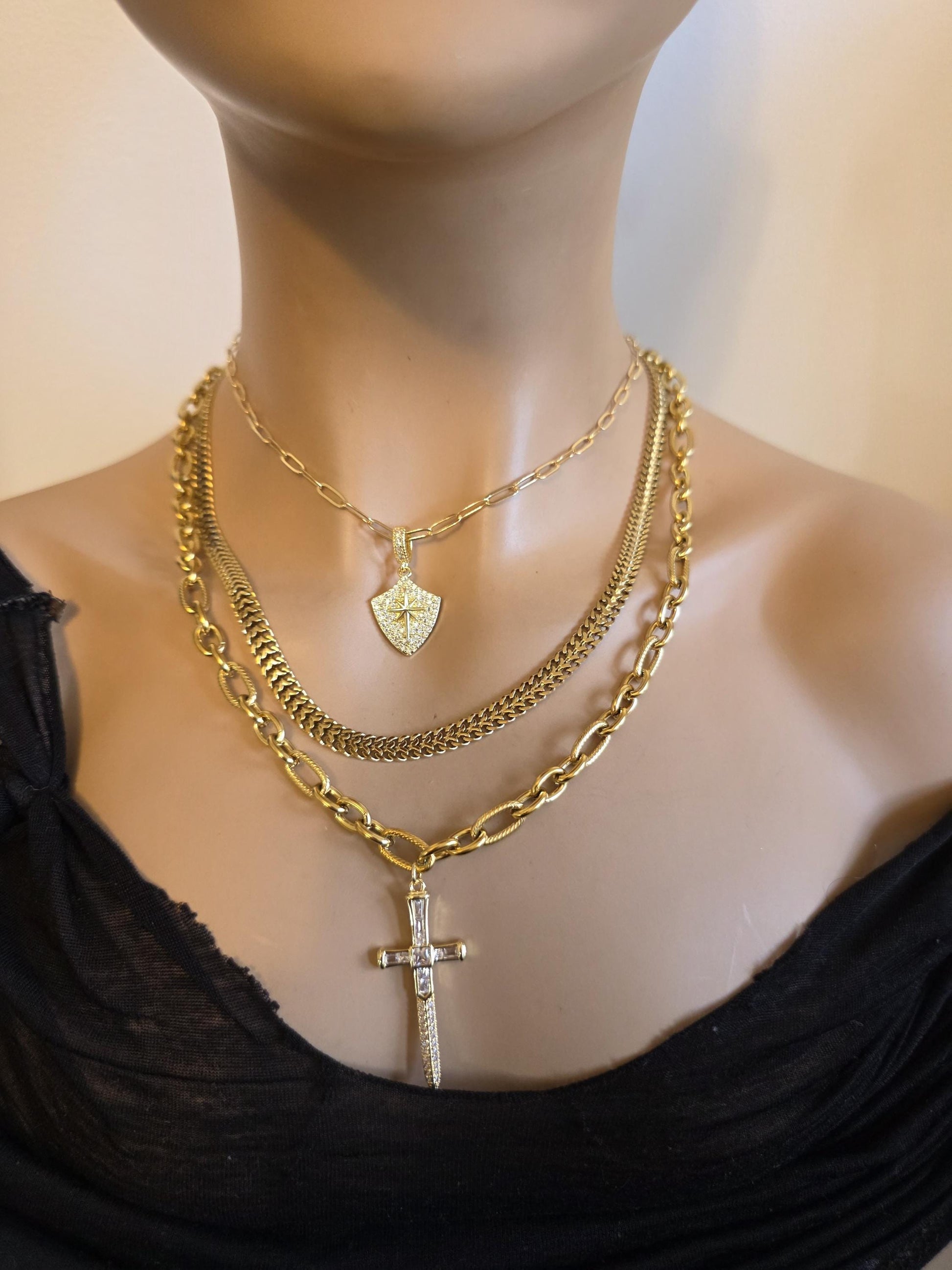Sword & Shield Gold Layered Multi Strand Chunky Chain Choker Collar Necklace Set - Handmade Luxury statement jewelry