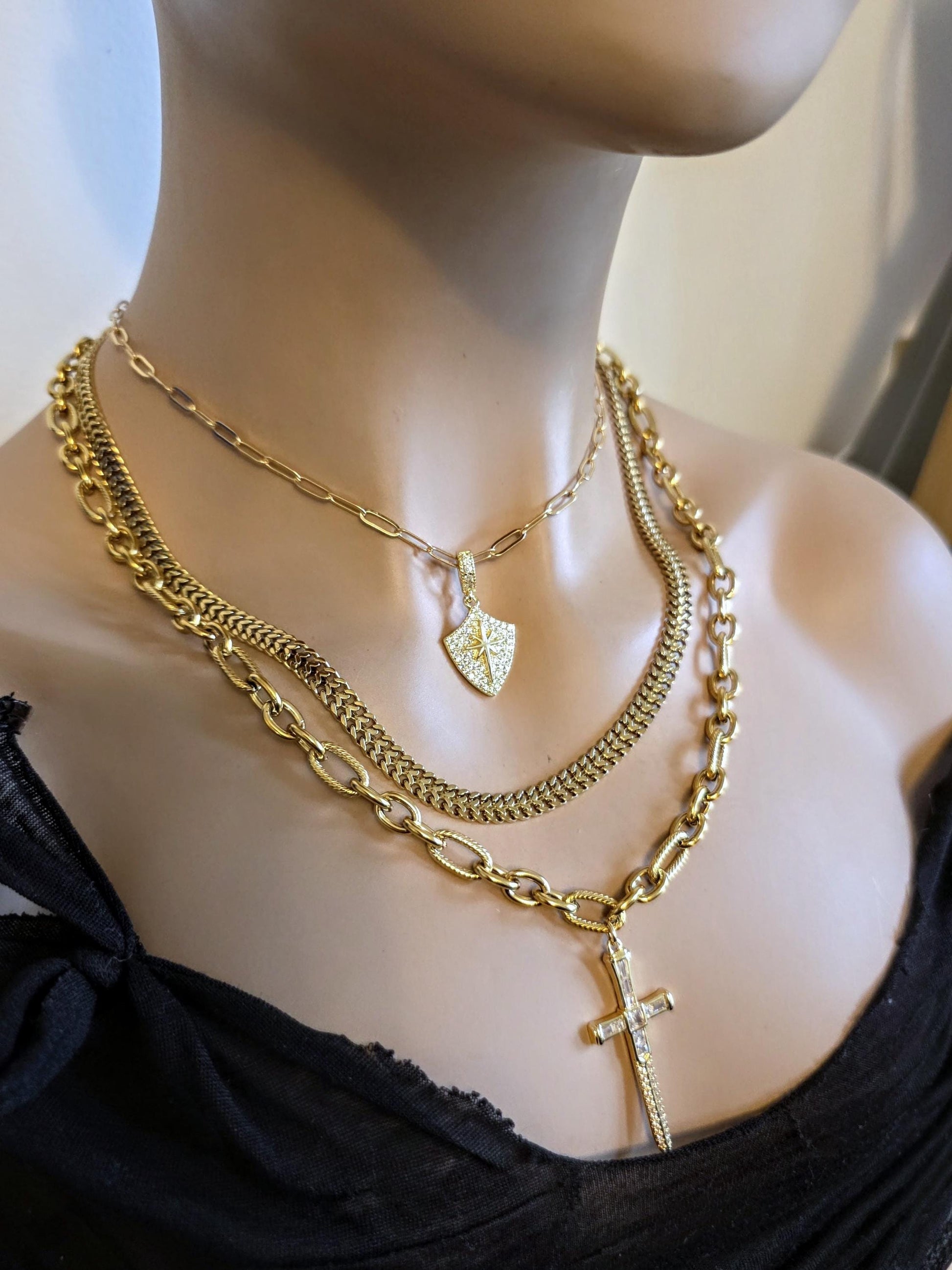 Sword & Shield Gold Layered Multi Strand Chunky Chain Choker Collar Necklace Set - Handmade Luxury statement jewelry
