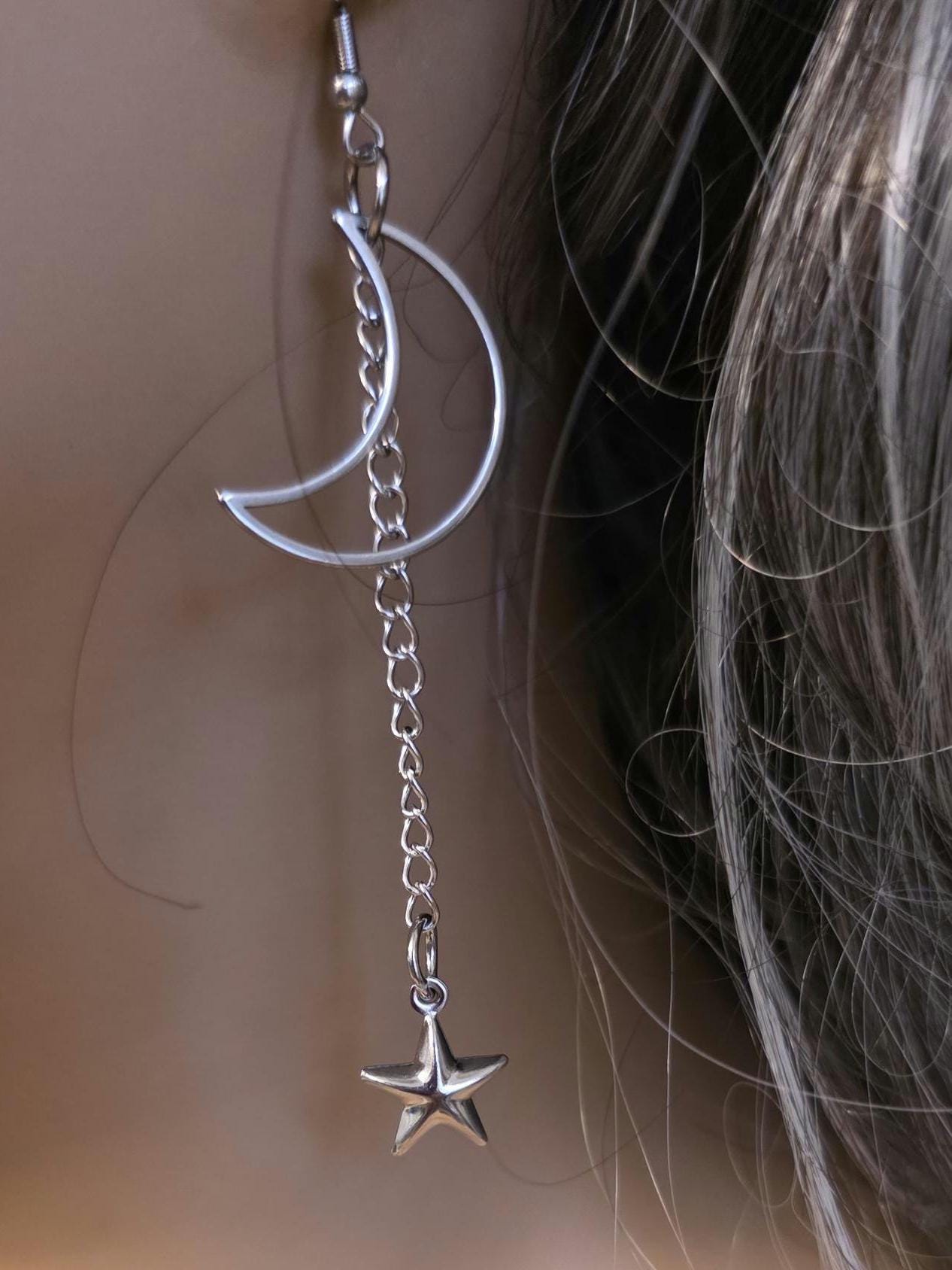 Crescent Moon Star Dangle Hoop Earrings: Stainless Steel Witchy Goth Jewelry