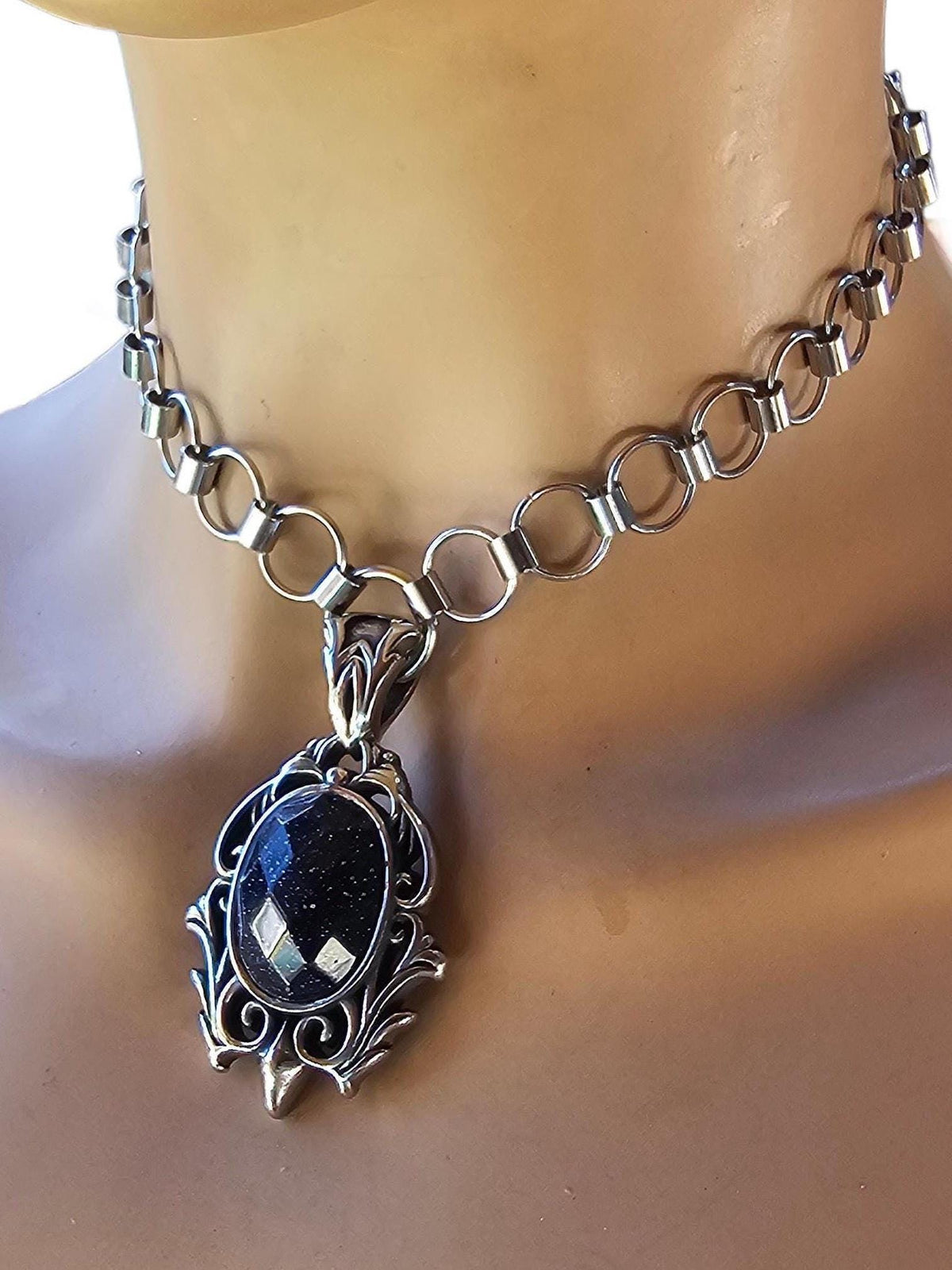 Steel Blue Goldstone Pendant Gothic Chainmail Choker Statement Necklace | punk alt aesthetic handmade jewelry gift for her