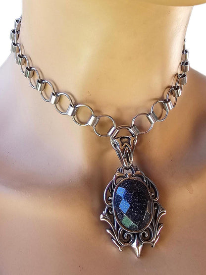 Steel Blue Goldstone Pendant Gothic Chainmail Choker Statement Necklace | punk alt aesthetic handmade jewelry gift for her