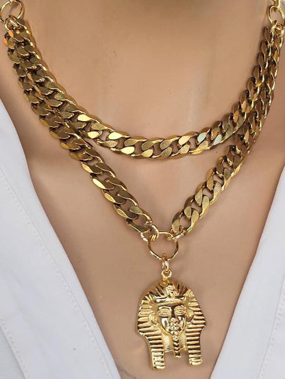 Gold Layered Multi Strand Chunky Chain Statement Choker Pharoah Necklace Set - Handmade Edgy  aesthetic stacked jewelry gift for her