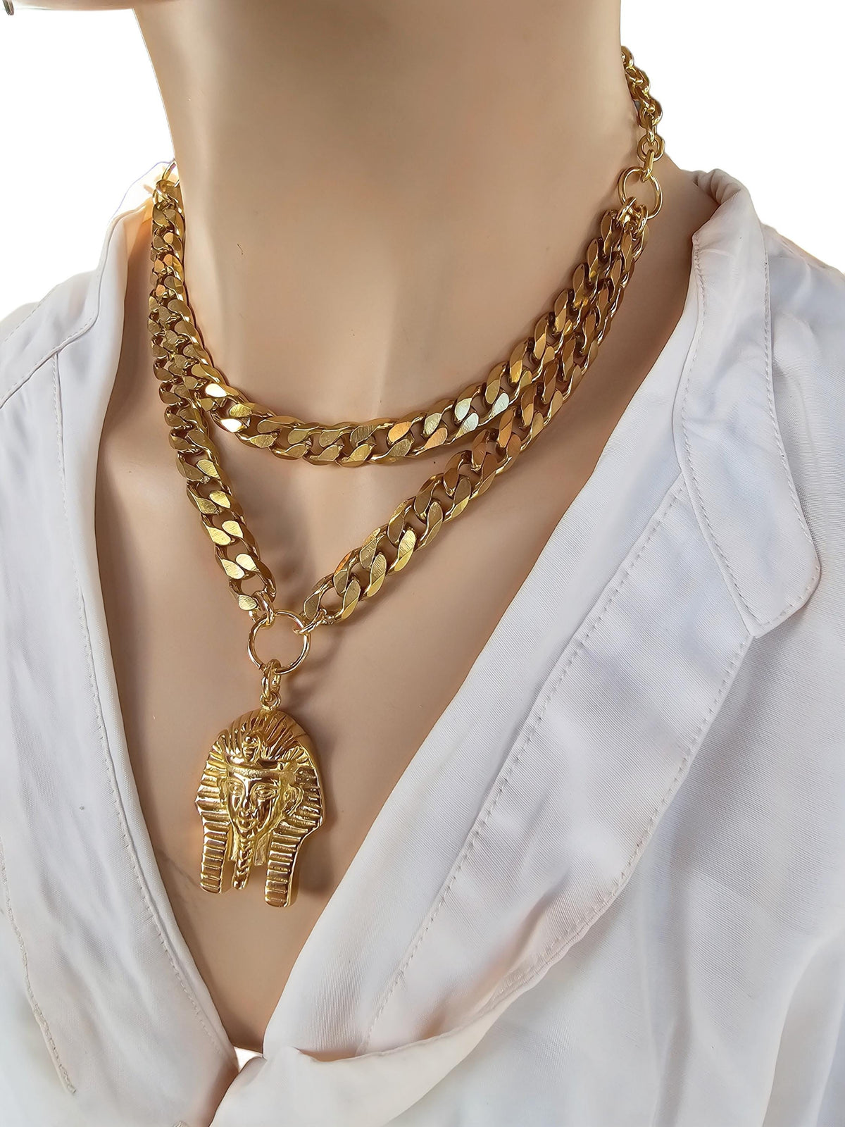 Gold Layered Multi Strand Chunky Chain Statement Choker Pharoah Necklace Set - Handmade Edgy  aesthetic stacked jewelry gift for her