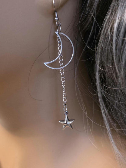 Crescent Moon Star Dangle Hoop Earrings: Stainless Steel Witchy Goth Jewelry