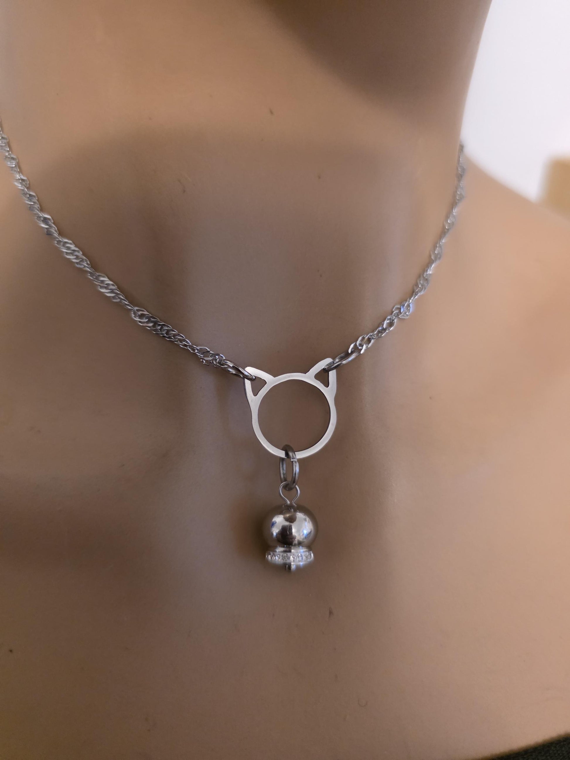 Kitten Bell the Kitty Cat Day Collar Choker BDSM Silver Necklace Coquette with Permanent Locking Option
