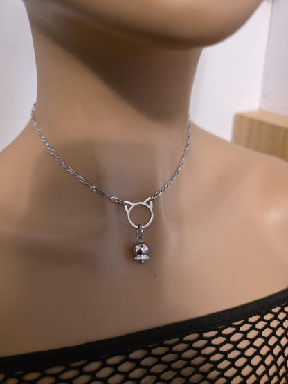 Kitten Bell the Kitty Cat Day Collar Choker BDSM Silver Necklace Coquette with Permanent Locking Option