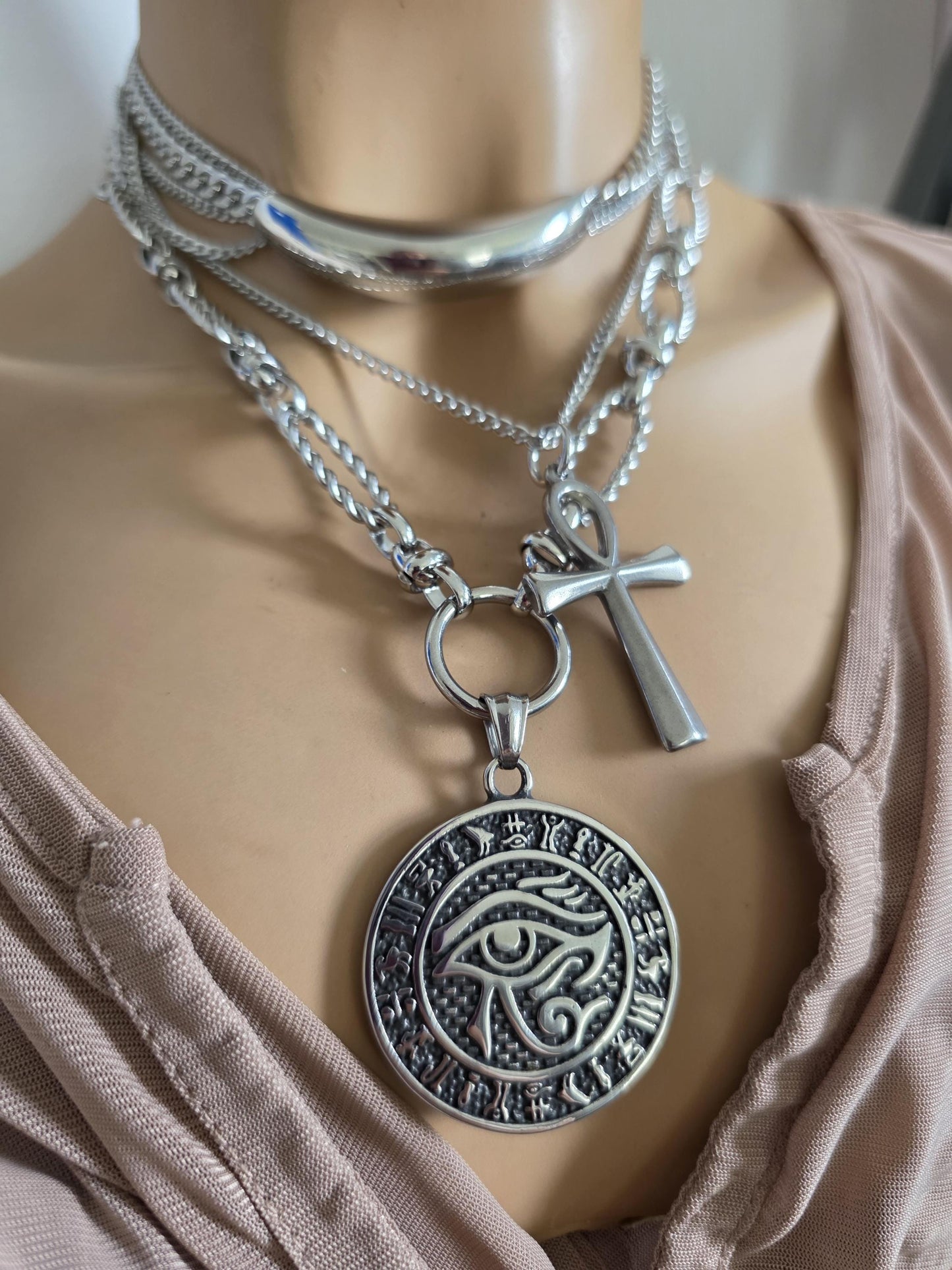 Eye of Horus Medallion Ankh Pendant Layered Necklace Set – Egyptian Protection Amulet Steel Choker