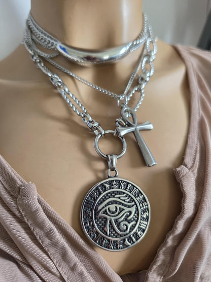 Eye of Horus Medallion Ankh Pendant Layered Necklace Set – Egyptian Protection Amulet Steel Choker