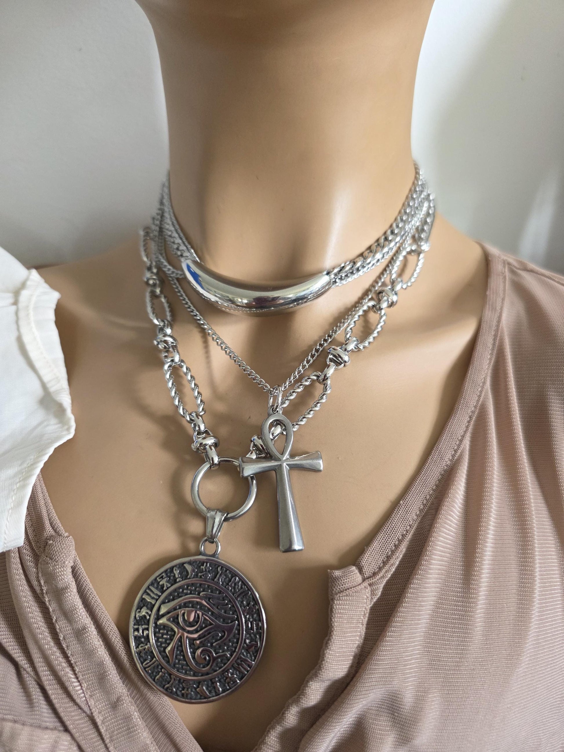 Eye of Horus Medallion Ankh Pendant Layered Necklace Set – Egyptian Protection Amulet Steel Choker