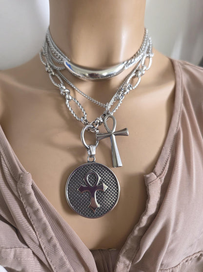 Eye of Horus Medallion Ankh Pendant Layered Necklace Set – Egyptian Protection Amulet Steel Choker