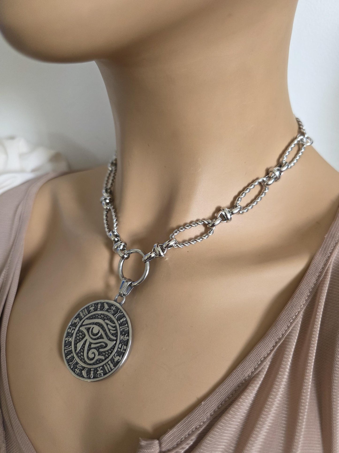 Eye of Horus Medallion Ankh Pendant Layered Necklace Set – Egyptian Protection Amulet Steel Choker