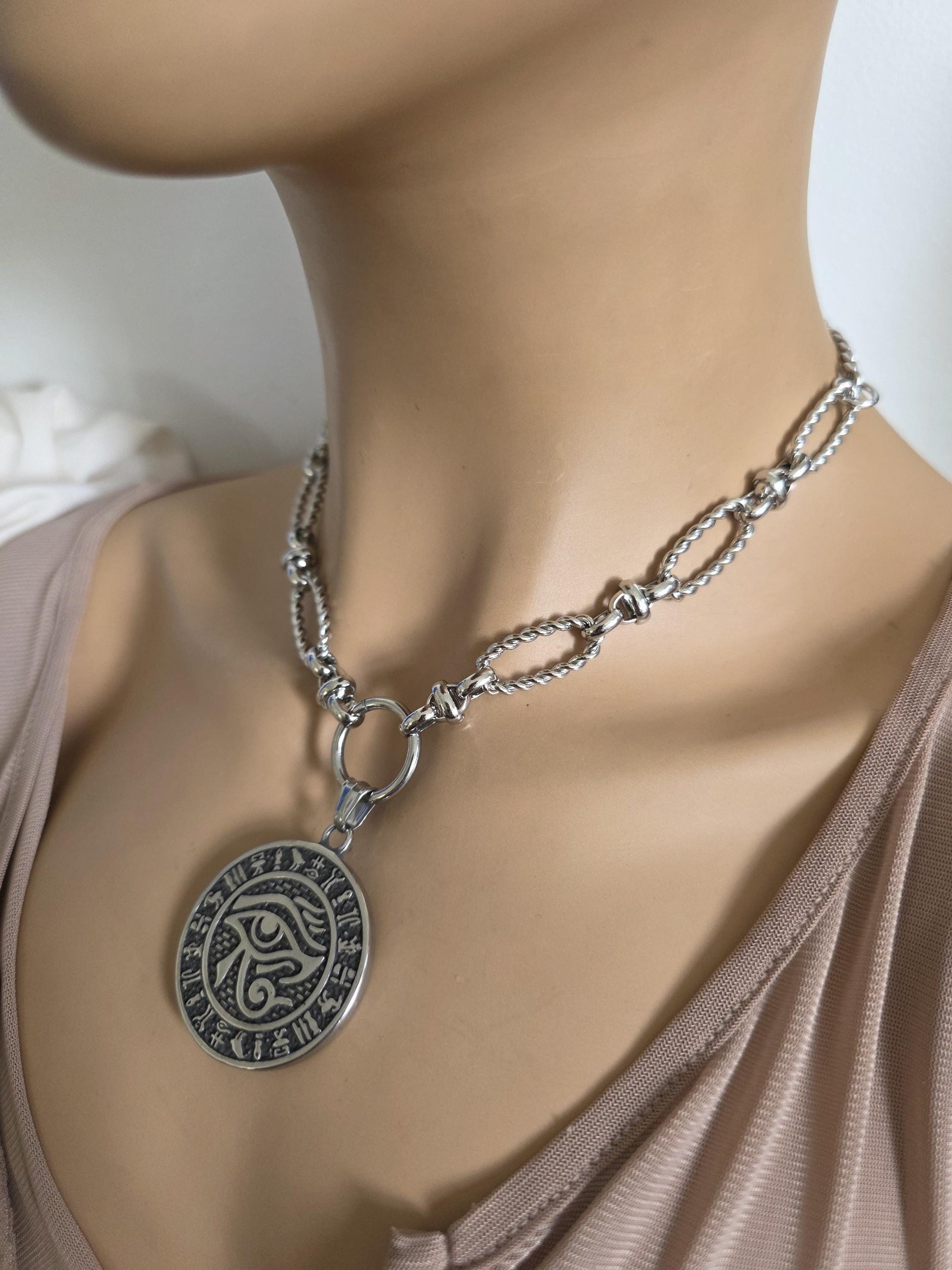 Eye of Horus Medallion Ankh Pendant Layered Necklace Set – Egyptian Protection Amulet Steel Choker