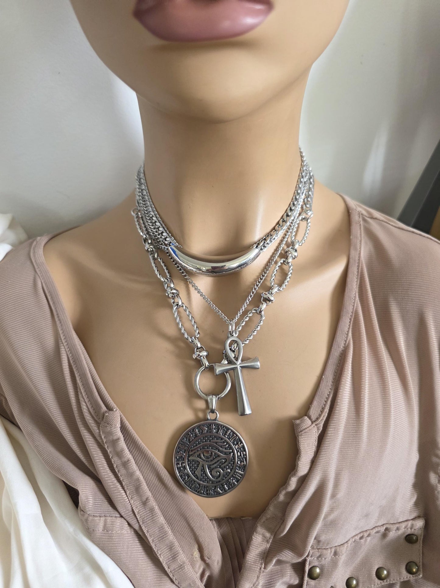 Eye of Horus Medallion Ankh Pendant Layered Necklace Set – Egyptian Protection Amulet Steel Choker