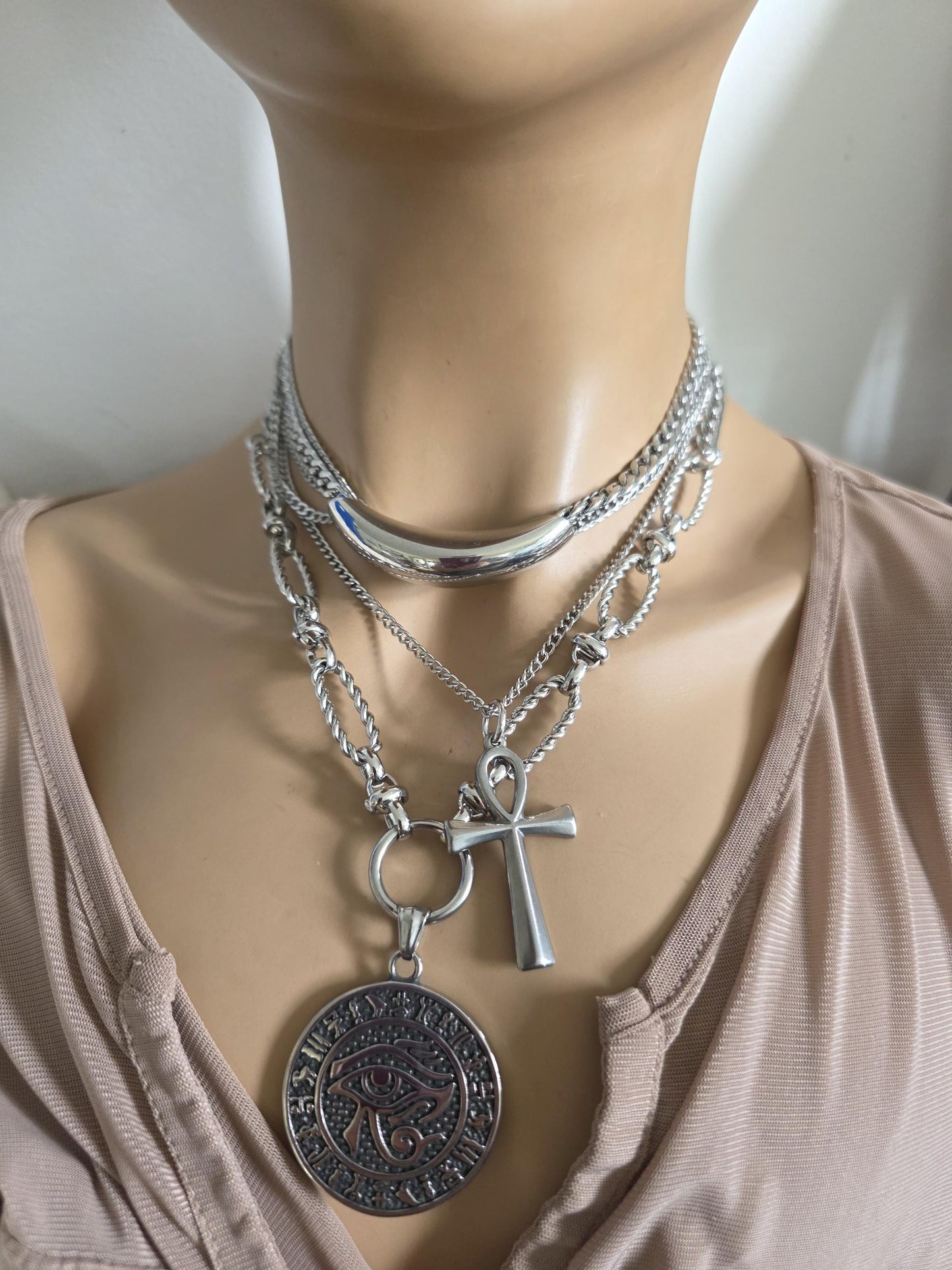 Eye of Horus Medallion Ankh Pendant Layered Necklace Set – Egyptian Protection Amulet Steel Choker
