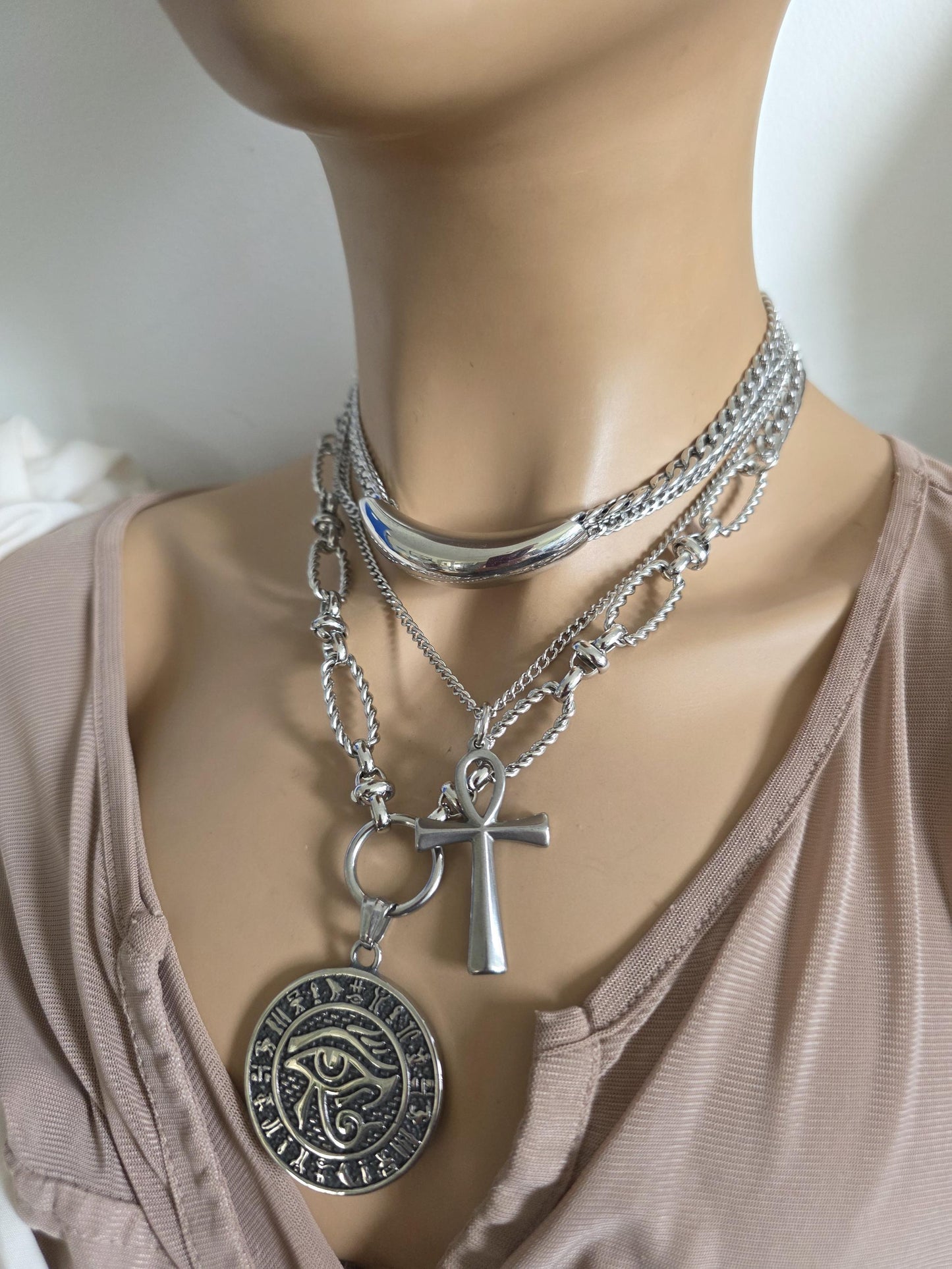 Eye of Horus Medallion Ankh Pendant Layered Necklace Set – Egyptian Protection Amulet Steel Choker