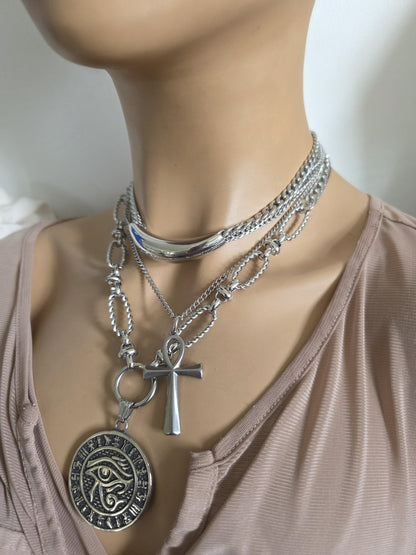 Eye of Horus Medallion Ankh Pendant Layered Necklace Set – Egyptian Protection Amulet Steel Choker