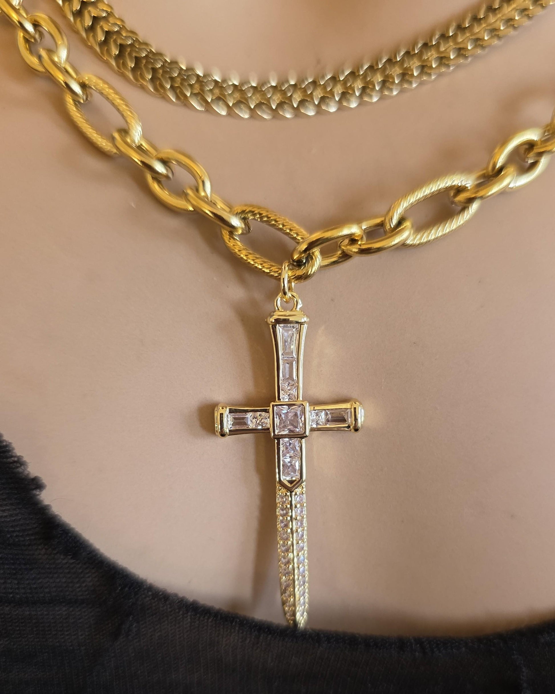 Sword & Shield Gold Layered Multi Strand Chunky Chain Choker Collar Necklace Set - Handmade Luxury statement jewelry