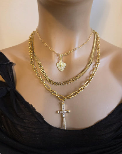 Sword & Shield Gold Layered Multi Strand Chunky Chain Choker Collar Necklace Set - Handmade Luxury statement jewelry
