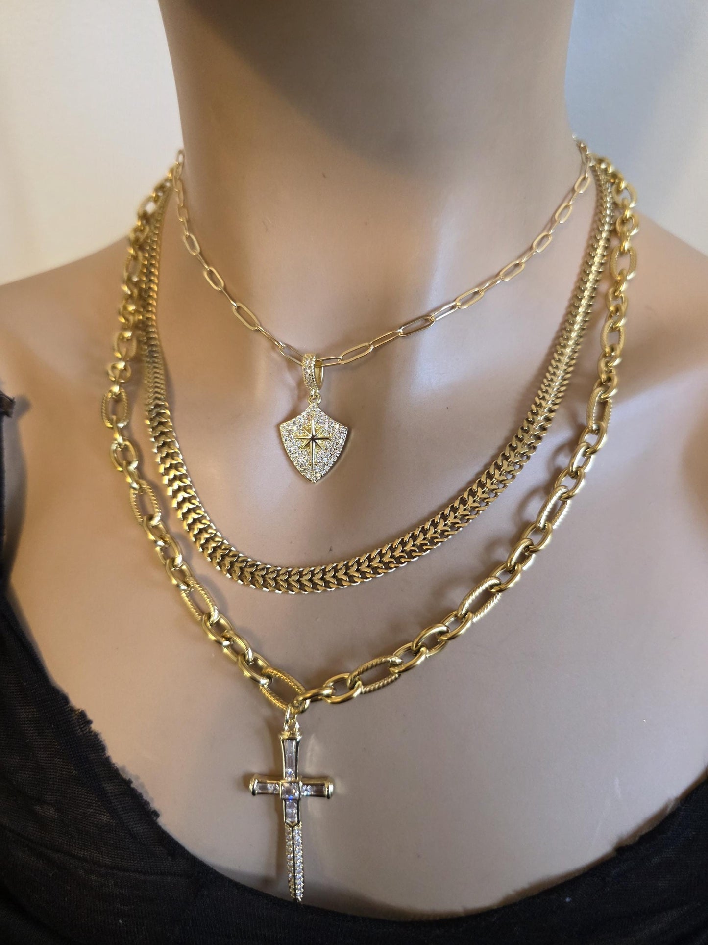 Sword & Shield Gold Layered Multi Strand Chunky Chain Choker Collar Necklace Set - Handmade Luxury statement jewelry