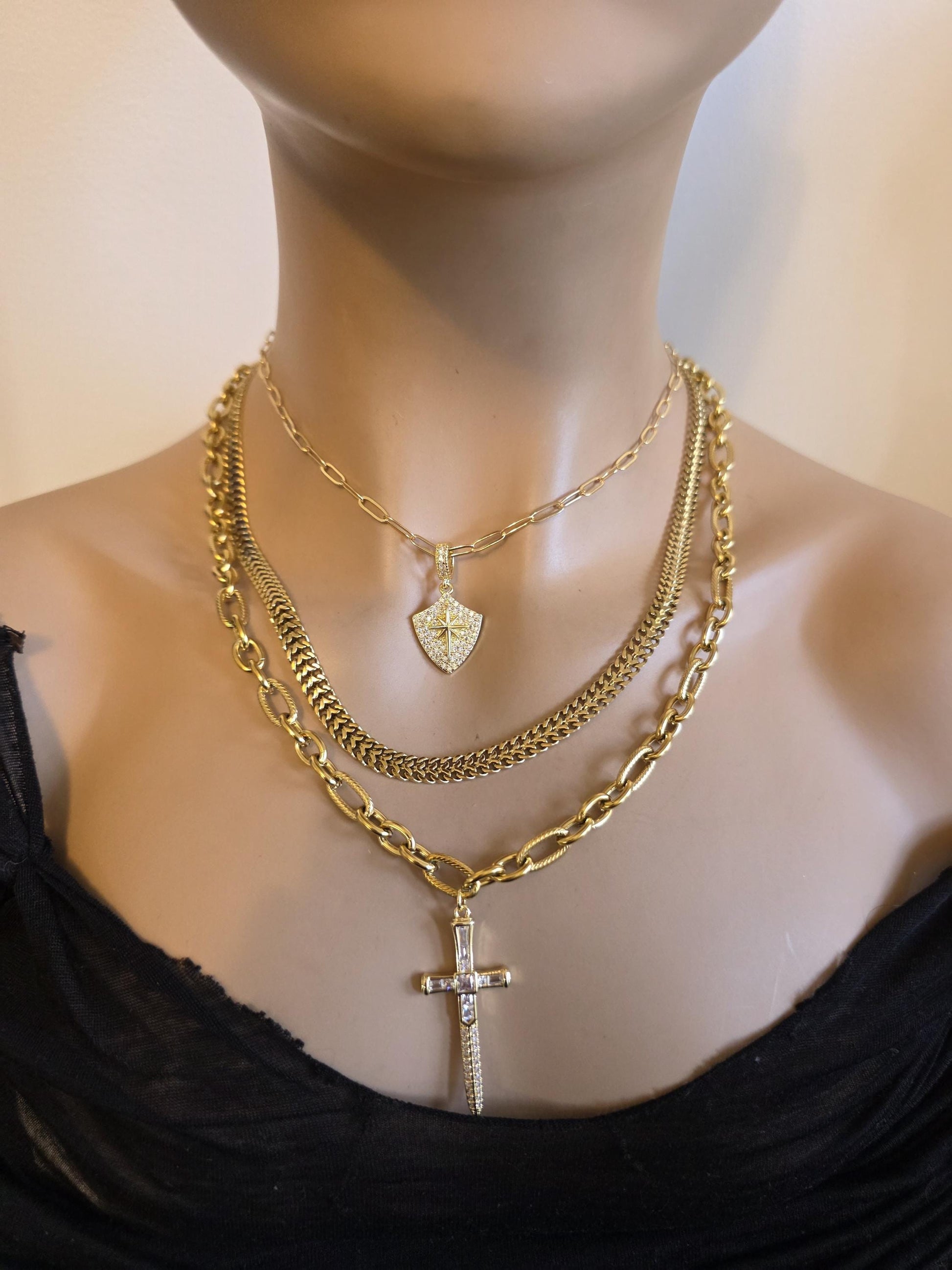 Sword & Shield Gold Layered Multi Strand Chunky Chain Choker Collar Necklace Set - Handmade Luxury statement jewelry