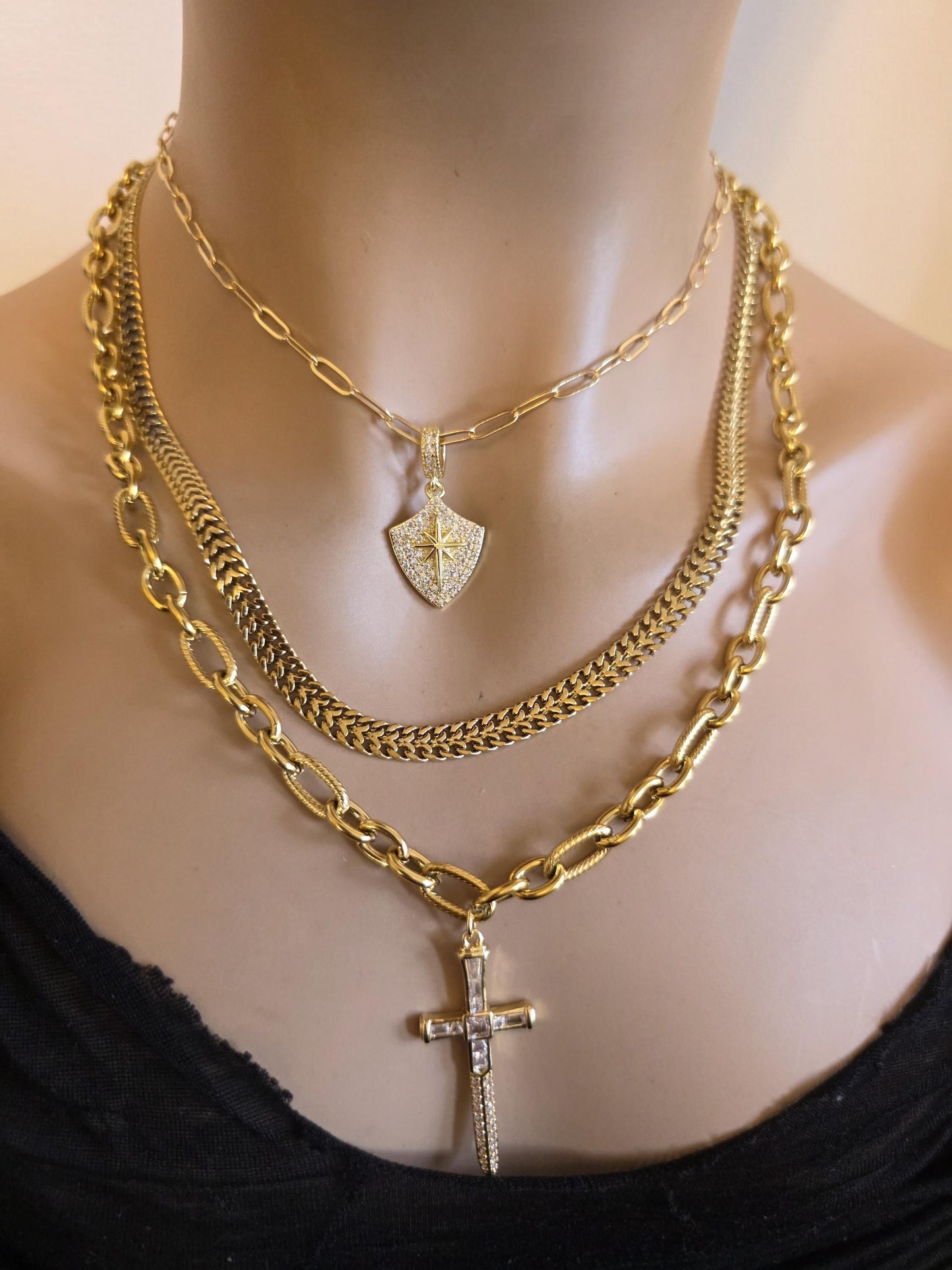 Sword & Shield Gold Layered Multi Strand Chunky Chain Choker Collar Necklace Set - Handmade Luxury statement jewelry