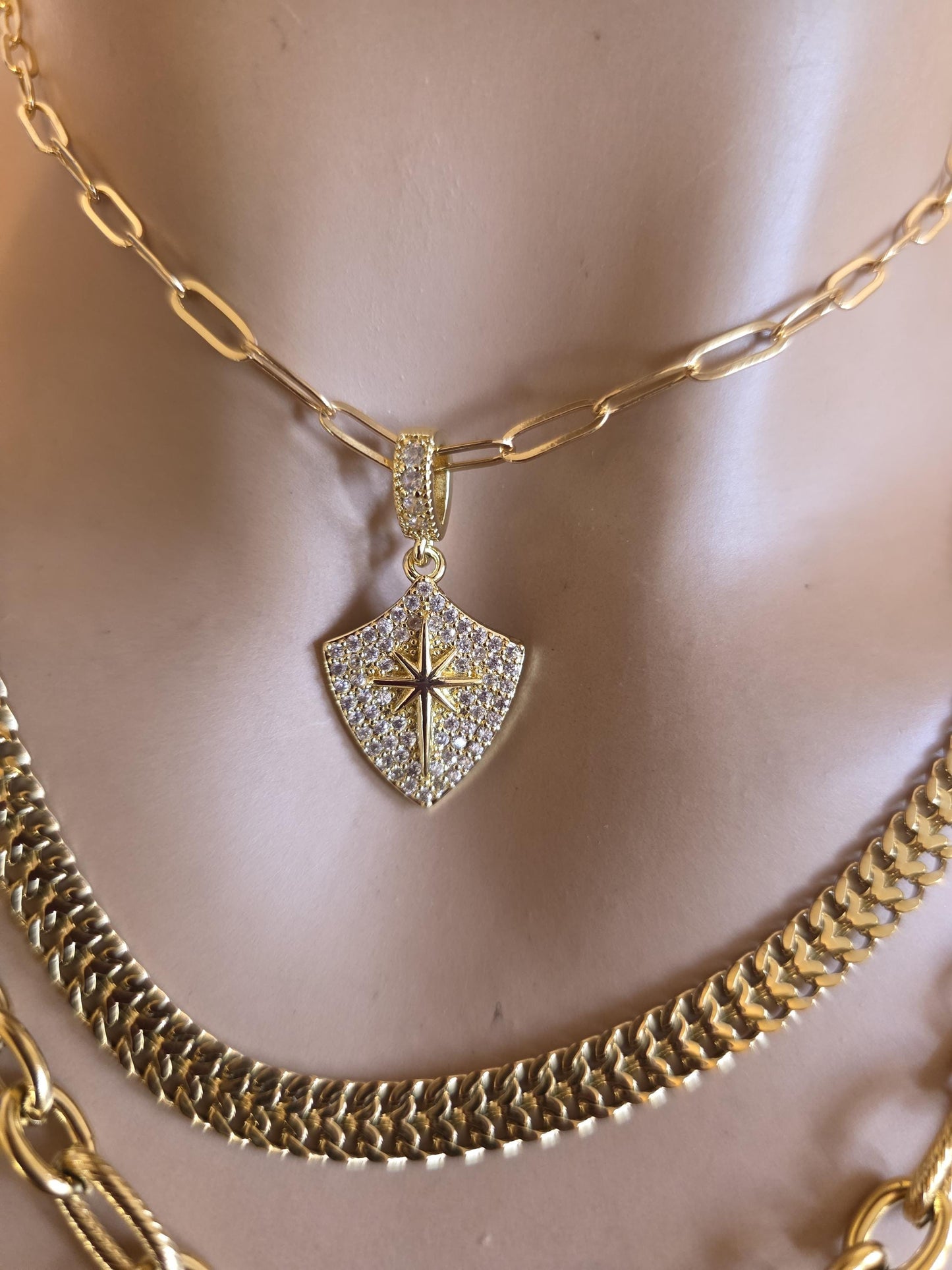 Sword & Shield Gold Layered Multi Strand Chunky Chain Choker Collar Necklace Set - Handmade Luxury statement jewelry