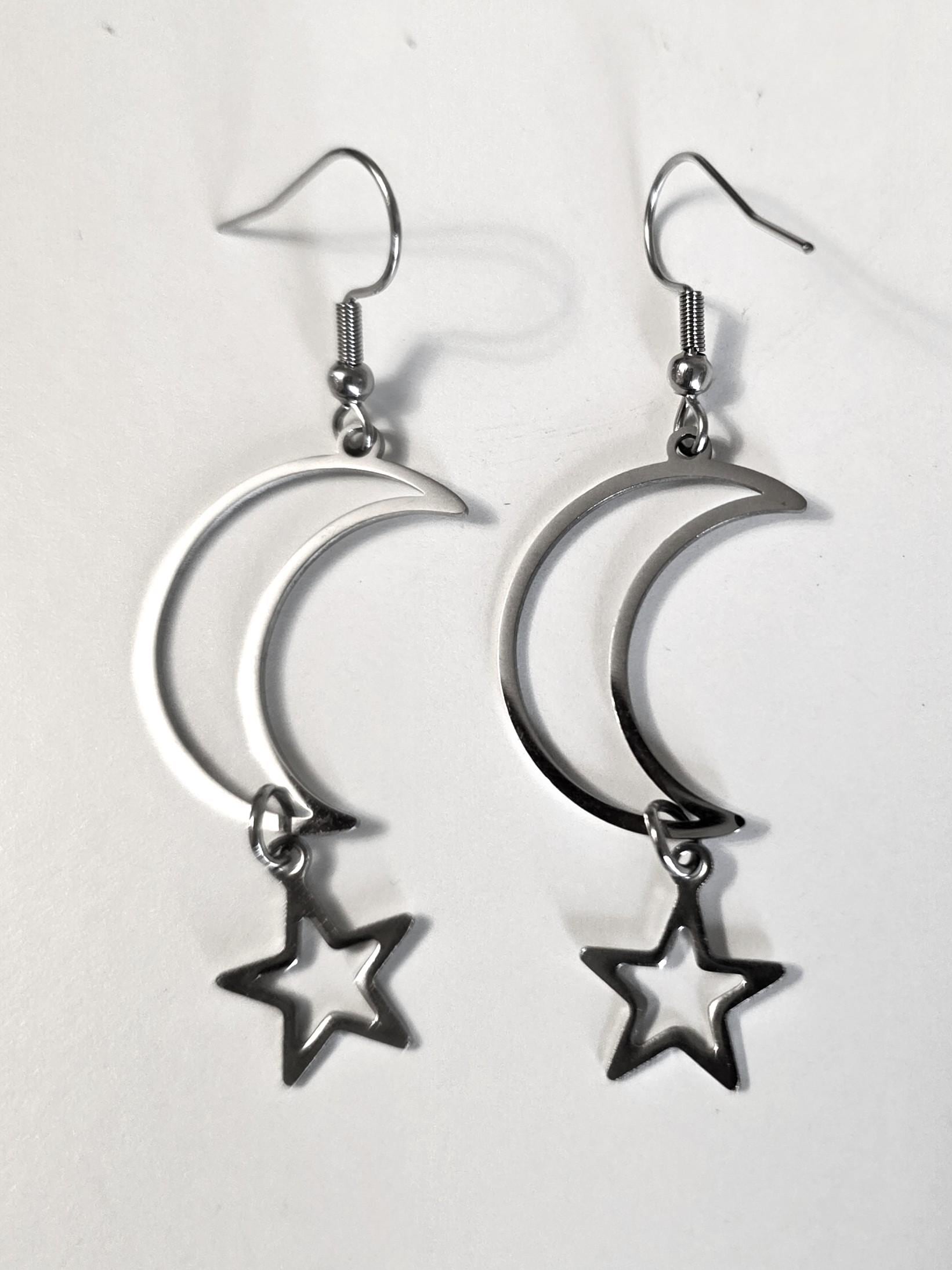 Crescent Moon Star Dangle Hoop Earrings: Stainless Steel Witchy Goth Jewelry