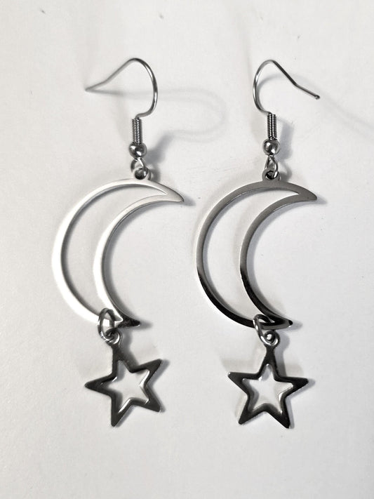 Crescent Moon Star Dangle Hoop Earrings: Stainless Steel Witchy Goth Jewelry