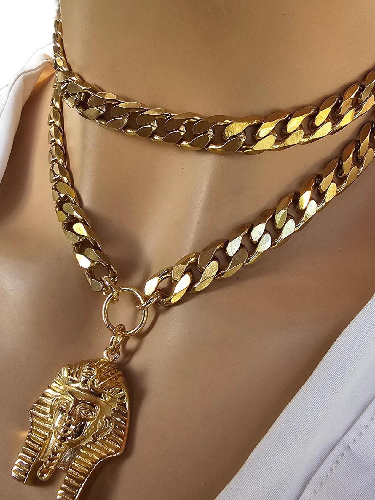 Gold Layered Multi Strand Chunky Chain Statement Choker Pharoah Necklace Set - Handmade Edgy  aesthetic stacked jewelry gift for her