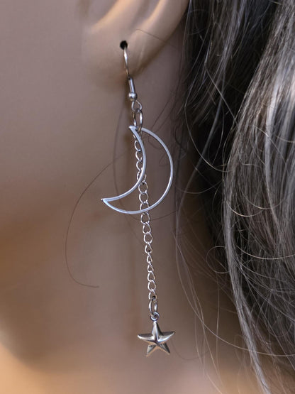 Crescent Moon Star Dangle Hoop Earrings: Stainless Steel Witchy Goth Jewelry