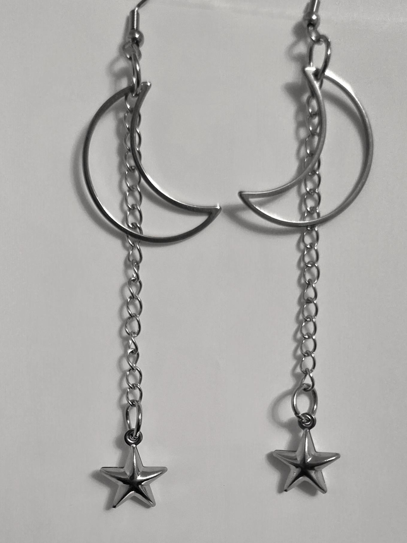 Crescent Moon Star Dangle Hoop Earrings: Stainless Steel Witchy Goth Jewelry